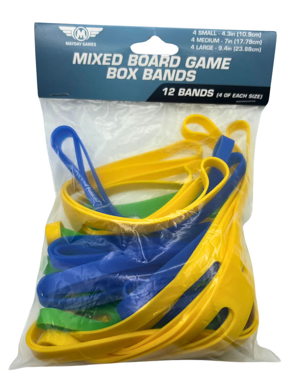 Paquete de 12 bandas elásticas para cajas de juegos de mesa (4 de cada tamaño: pequeño, mediano y grande).