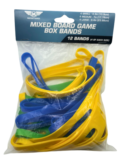 Paquete de 12 bandas elásticas para cajas de juegos de mesa (4 de cada tamaño: pequeño, mediano y grande).